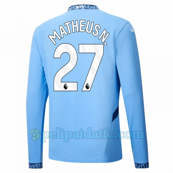Manchester City Matheus N. #27 Jalkapallo Pelipaidat 2024-25 Kotipaita Miesten Pitkähihainen